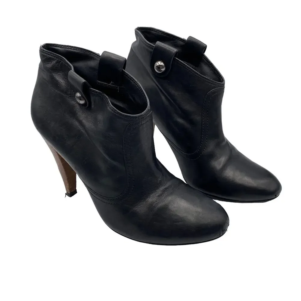 COACH Aliza Black Leather Almond Toe Stacked Cone Heel Ankle Boots Booties 7B